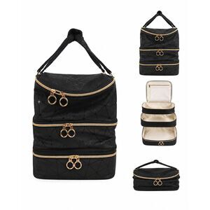 Geometric Quilted 3-Tier Cosmetic Makeup Organizer Bag Travel Train Case New
